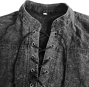 ゴルチエLEATHER PIPING MESH V NECK T-SHIRT Men Gothic Retro T Shirt Lace Up V Neck Denim Long Sleeve Tee